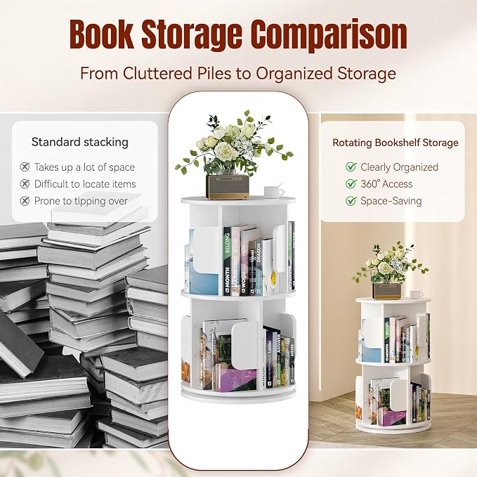 2-Tier 360° Rotating Bookshelf, Round Floor Standing Bookcase - Image 5
