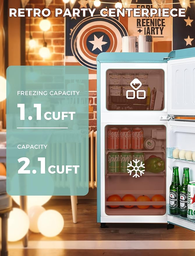 3.2 Cu.Ft Refrigerator, Retro Double Door Fridge - Image 4