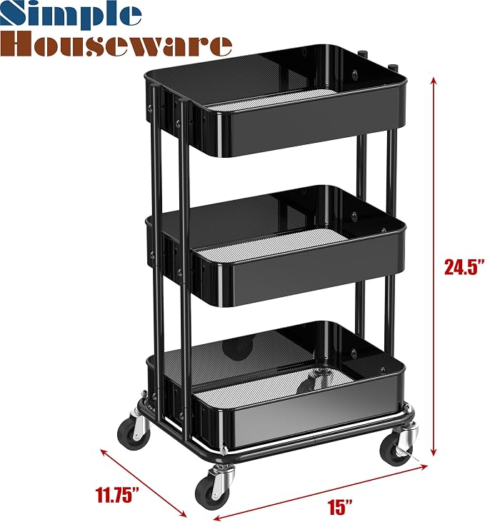 Simple Houseware 3-Tier Compact Utility Rolling Cart, Low 24” Height Fits Under - Image 3