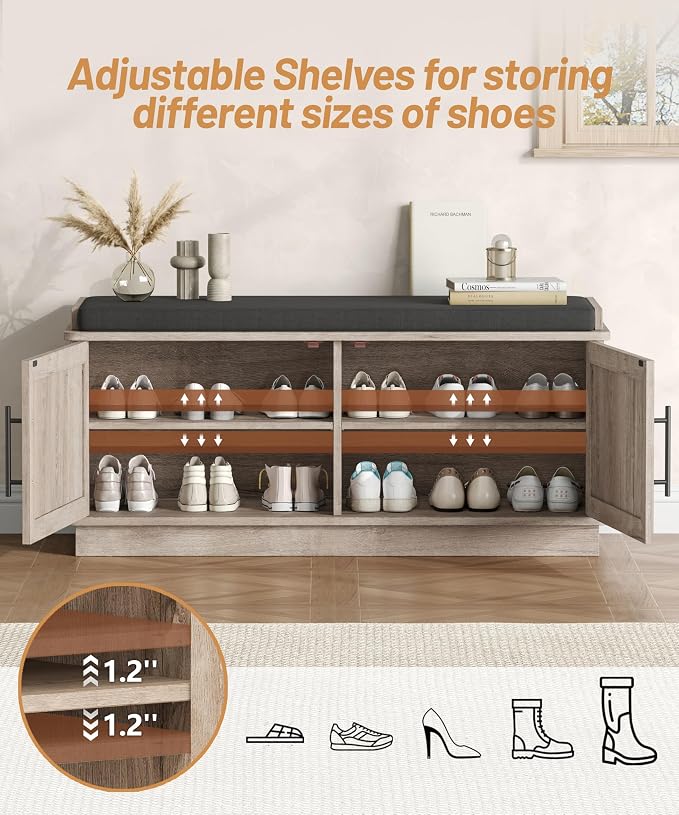Akxomel 39.4" Fluted Shoe Storage Bench 2 Doors Wooden Entryway Bench Greige - Image 6