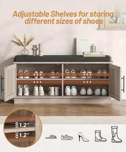 Akxomel 39.4" Fluted Shoe Storage Bench 2 Doors Wooden Entryway Bench Greige - Image 6