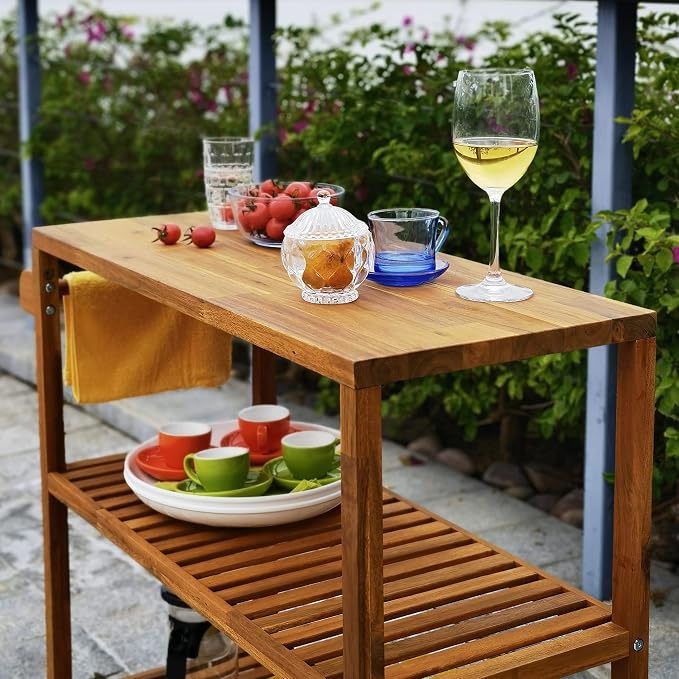 Interbuild 3 Tier Acacia Hardwood Kitchen Cart Portable Rolling Trolley Cart - Image 4