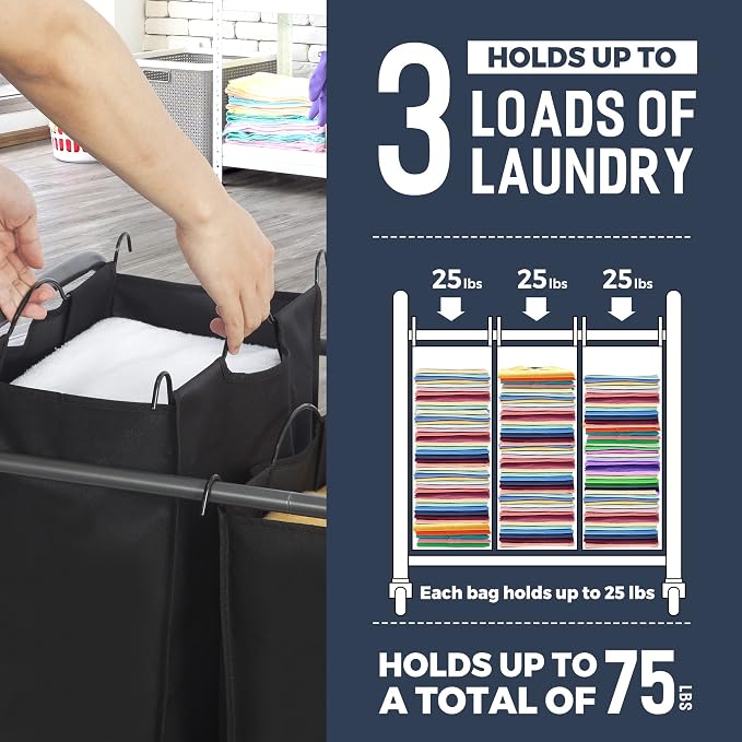 STO STO Laundry Sorter 3 Section, 3 Bag Laundry Hamper, Rolling Laundry Cart - Image 4