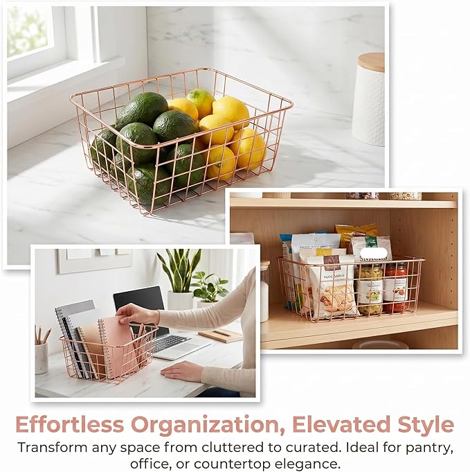 Jucoan 4 Pack Metal Wire Storage Baskets, Rose Gold Wire Baskets - Image 5