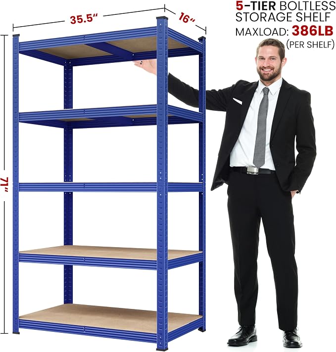 Yaheetech 5-Tier Heavy Duty Storage Shelves 35.5" W x 16" D x 71" H Blue | - Image 3