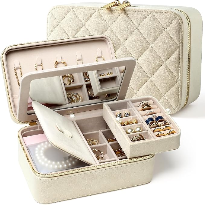 Velvet Travel Jewelry Box with Large Mirror, Double-Layer Jewelry Organizer Case by Lumayina