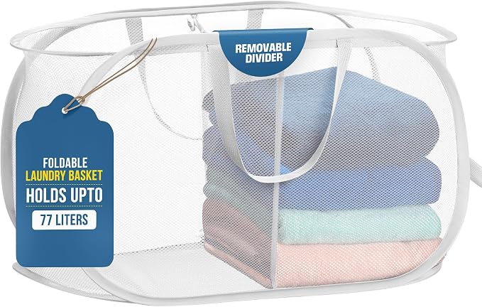Handy Laundry Collapsible Laundry Basket, 2-Compartment Mesh Hamper – Foldable by Handy+Laundry