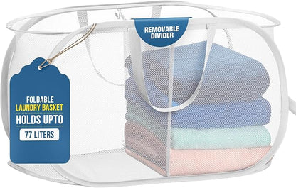 Handy Laundry Collapsible Laundry Basket, 2-Compartment Mesh Hamper – Foldable by Handy+Laundry