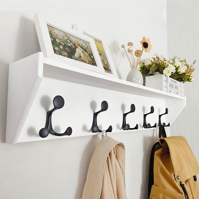SKOLOO Wall Shelf with Hooks, 35-Inch White Coat Rack Wall Mount with Shelf by SKOLOO