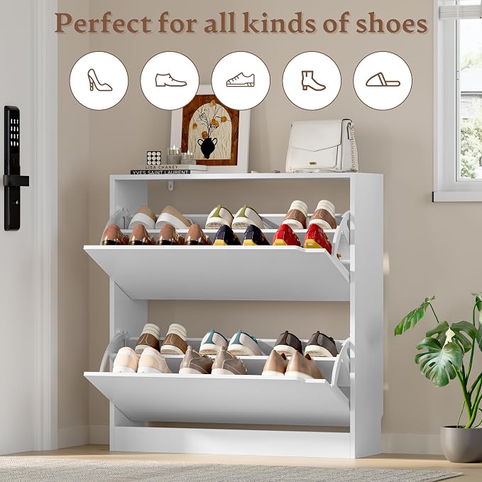 BORNOON Shoe Cabinet with 2 Flip Drawers, Slim Narrow Shoe Storage Cabinet - Image 4