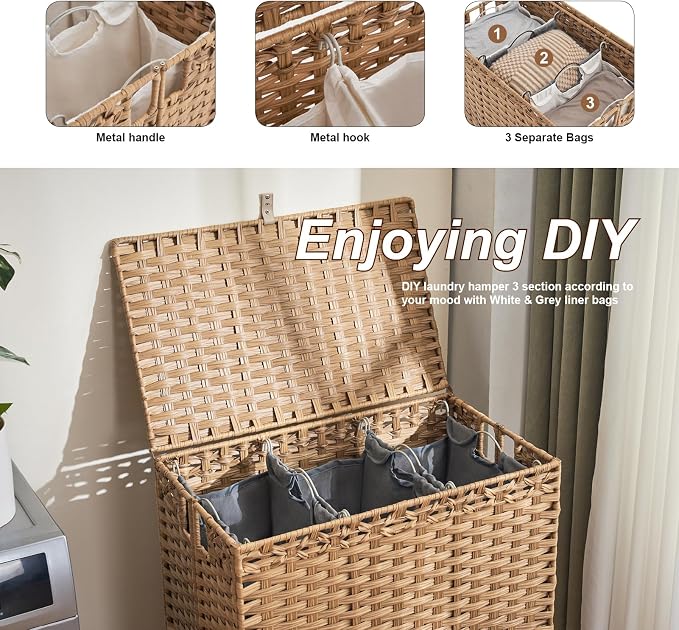 Laundry Hamper with Lid, 190L Large Laundry Basket 3 Section with 6 Removable - Image 5