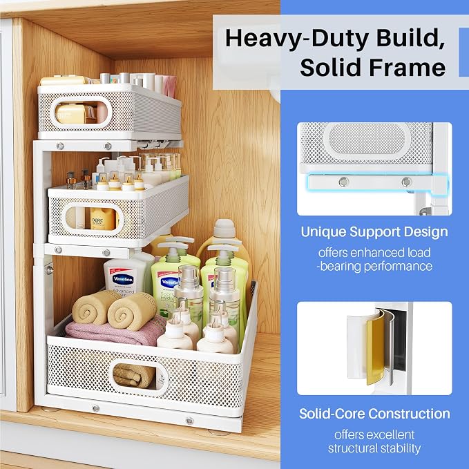 Under Sink Organizer, Height Adjustable Slide out Storage Drawer Rack - Image 5