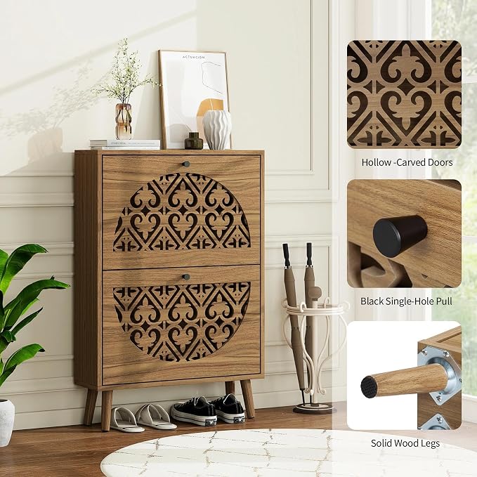 6.7"Ultra-Slim Concealed Shoe Storage Cabinet 2 Flip Drawers Walnut | - Image 4