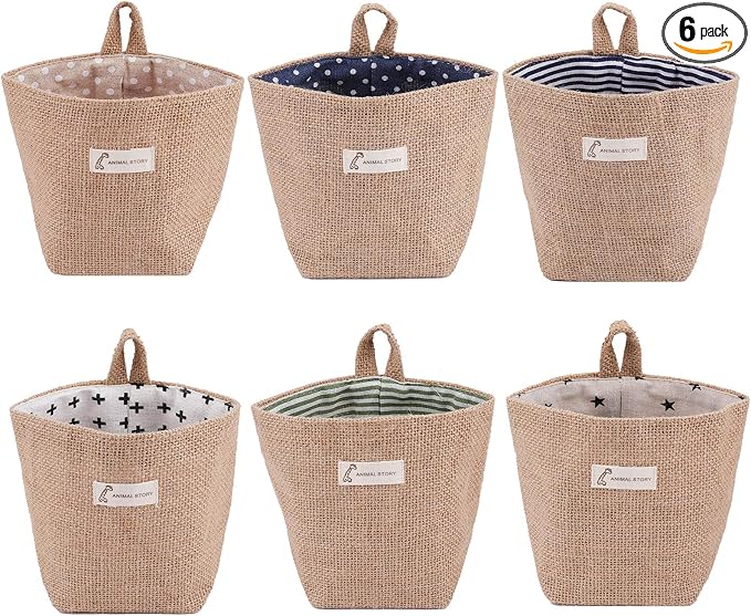 Foraineam 6 Pack Mini Hanging Storage Bag Cotton Linen Decorative Wall-Hanging by Foraineam