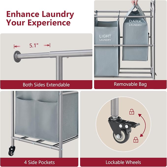 Tajsoon Laundry Sorter with Hanging Bar, 4 Section Rolling Laundry Hamper with - Image 6