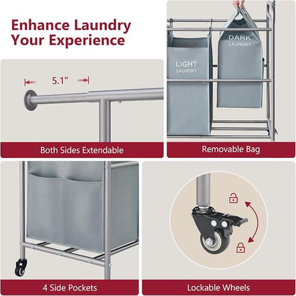 Tajsoon Laundry Sorter with Hanging Bar, 4 Section Rolling Laundry Hamper with - Image 6
