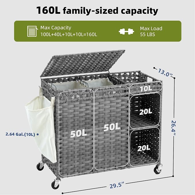 Laundry Hamper with Lid, 160L Rattan Wicker Laundry Basket with Wheels - Image 2