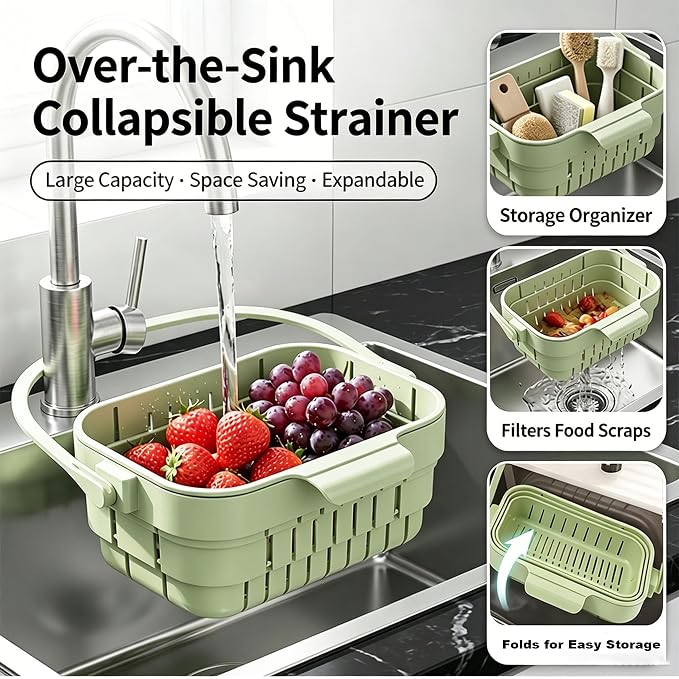 Foldable Hanging Kitchen Sink Drain Basket, 2-in-1 Foldable Sink Colander - Image 2