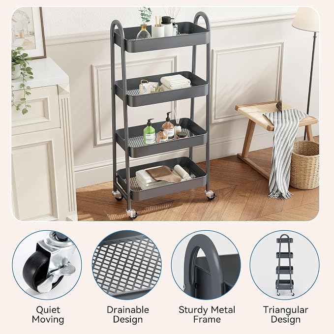 NEWBULIG 4-Tier Metal Rolling Storage Cart, Heavy Duty Mobile Utility Organizer - Image 2
