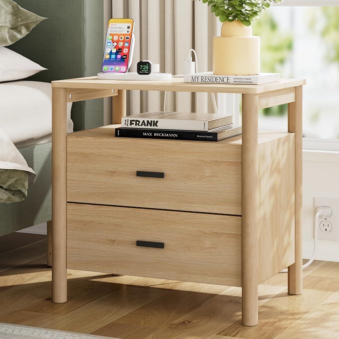 Night Stand with Charging Station, 2 Drawers End Table with Open Shelf by FavourLife