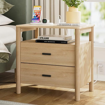 Night Stand with Charging Station, 2 Drawers End Table with Open Shelf by FavourLife