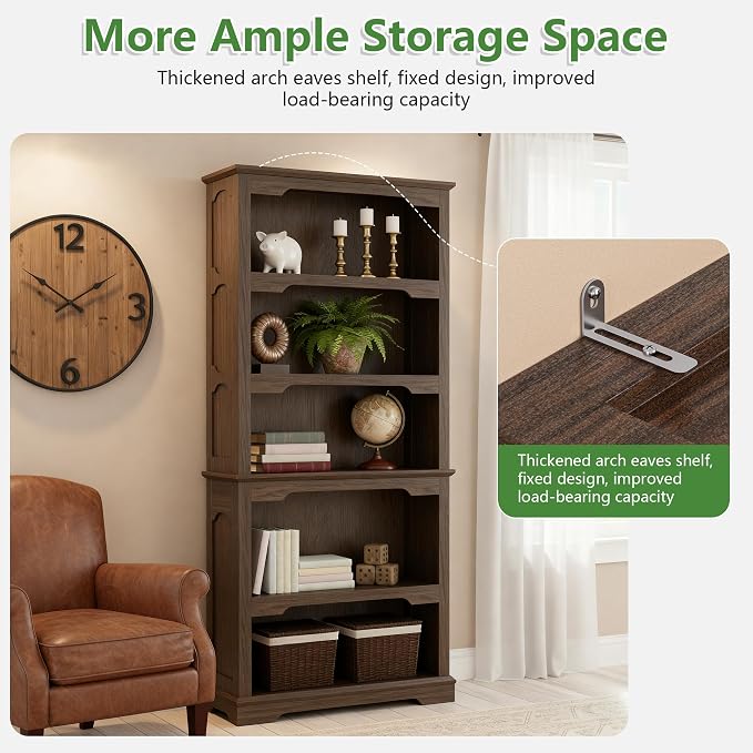 70 Inch Farmhouse Bookcase, Walnut Two-Tone Shelves, 5 Tier Bookshelf - Image 4