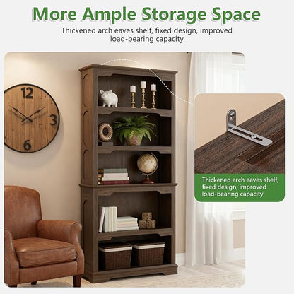 70 Inch Farmhouse Bookcase, Walnut Two-Tone Shelves, 5 Tier Bookshelf - Image 4