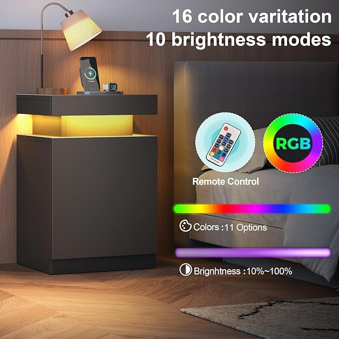 MXV LED Nightstand with Charging Station, Storage Cabinet & Drawers - Image 3