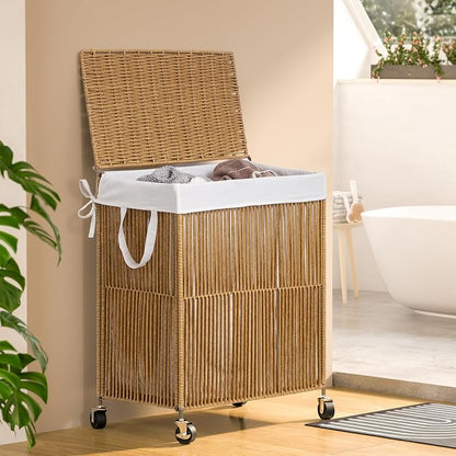 WOWLIVE Laundry Hamper with Wheels, Handwoven Rolling Laundry Basket with Lid - Image 2