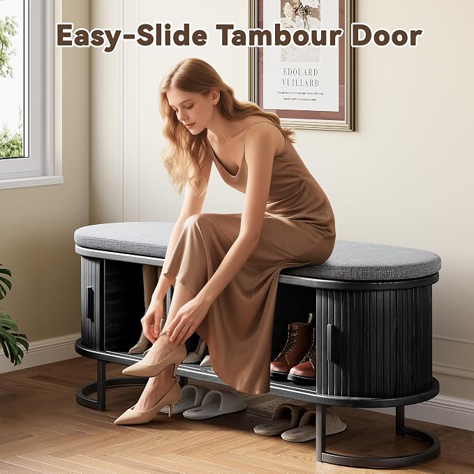 Decofy Shoe Storage Bench with Cushion and Sliding Doors, 47.2 Inch Shoe Bench - Image 4