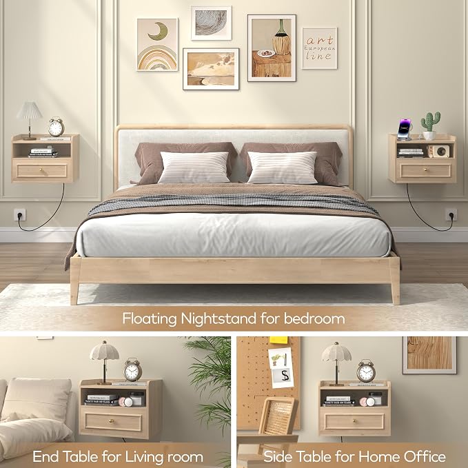 Floating Nightstand with Charging Station Set of 2, Modern Wall Mounted Bedside - Image 6