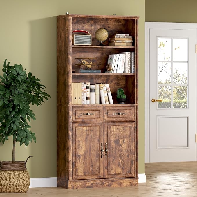 71.4" Tall Bookshelf with Drawers & Cabinet, 5-Tier Floor Standing Bookcase by BORNOON