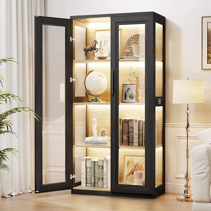 Curio Cabinet with Glass Doors, Bookcase with 4 Shelves, Display Cabinets by BROTTAR