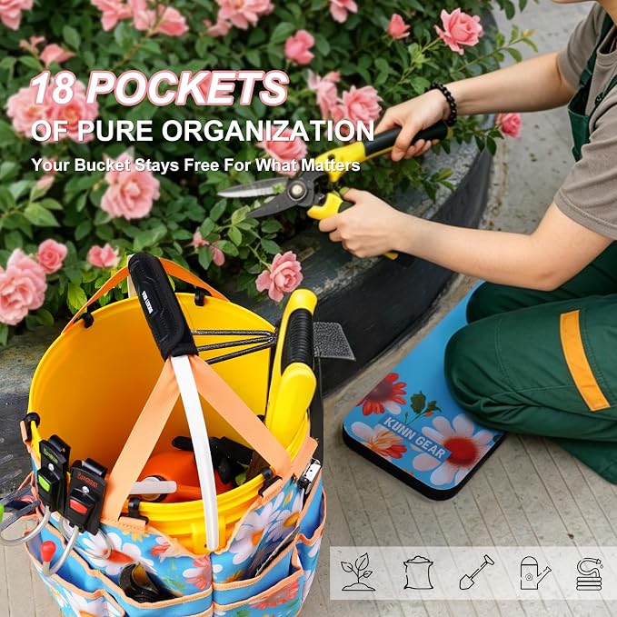 KUNN 5 Gallon Garden Bucket Tool Organizer & Kneeling Pad Set, 18-Pocket Heavy - Image 5