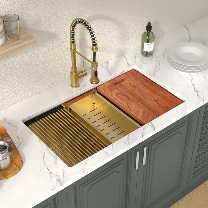Lordear Gold Undermount Kitchen Sink 33" x 19" Stainless Steel Sinks 16 Gauge - Image 2