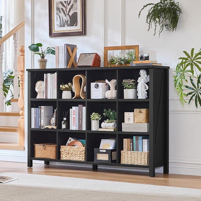Joaxswe 12 Cube Storage Organizer, Farmhouse 62 Inch Wide Black Oak Display - Image 8