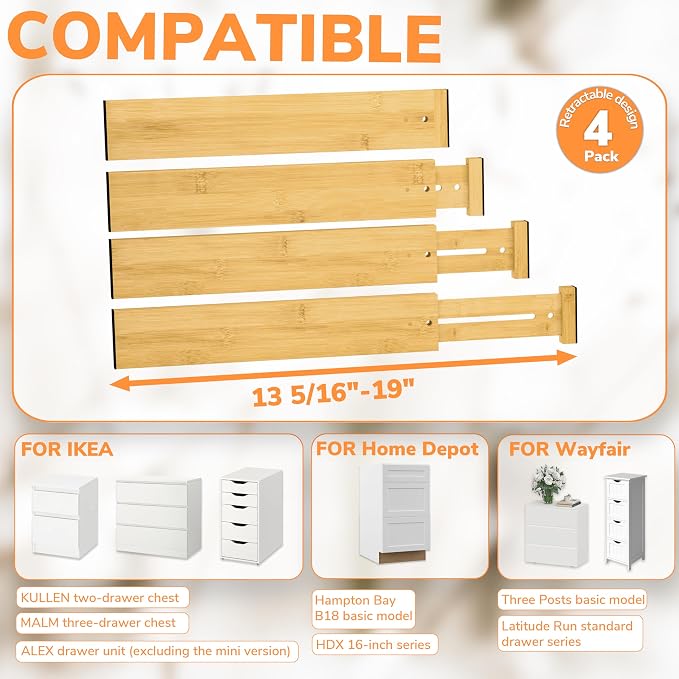 BAMEOS Bamboo Expandable Drawer Dividers – Fits 13.3"–19" Drawers, Bathroom - Image 8