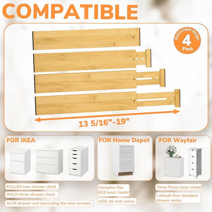 BAMEOS Bamboo Expandable Drawer Dividers – Fits 13.3"–19" Drawers, Bathroom - Image 8