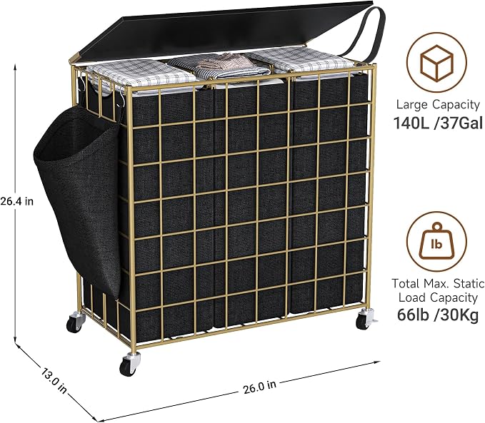 Laundry Basket with Wheels, Heavy Duty Laundry Sorter 3 Sections, 140L Large - Image 3