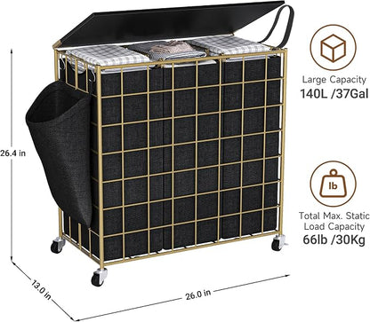 Laundry Basket with Wheels, Heavy Duty Laundry Sorter 3 Sections, 140L Large - Image 3