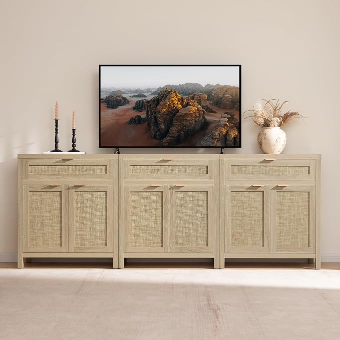 SICOTAS Sideboard Buffet Storage Cabinet Set of 2, Rattan Credenza Buffet Table - Image 9