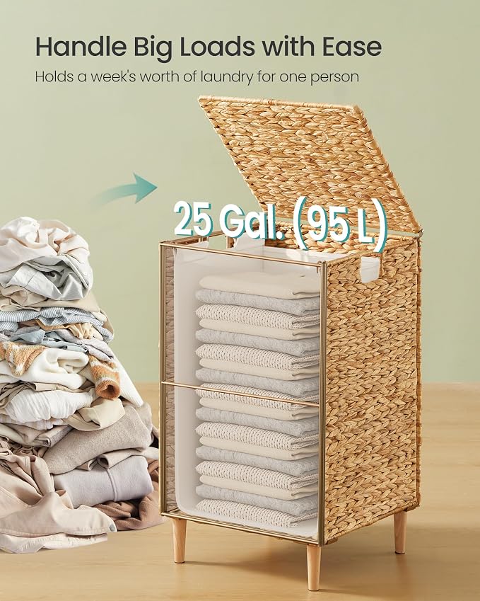 SONGMICS Laundry Hamper, 25 Gal. Handwoven Water Hyacinth Wicker Laundry Basket - Image 3