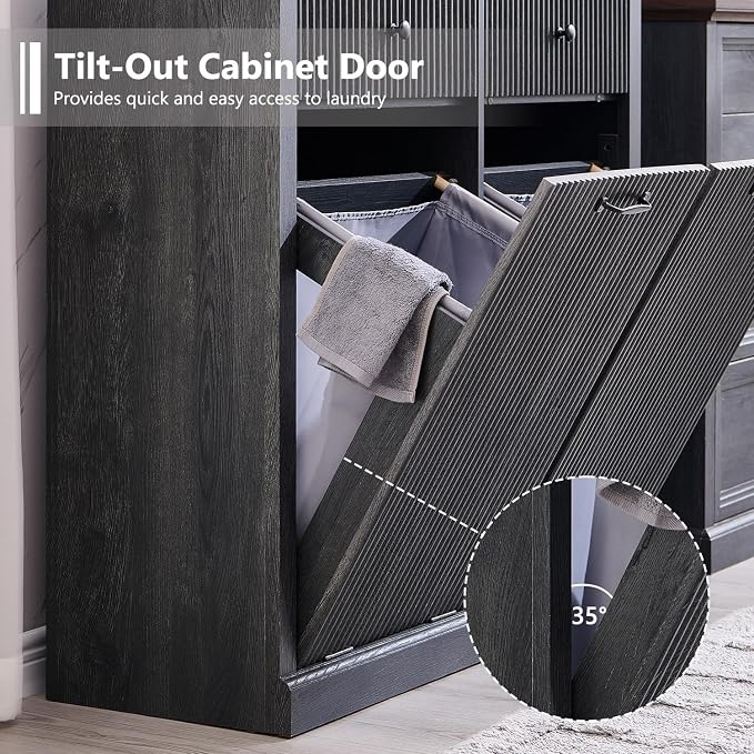 Modern Double Tilt-Out Laundry Hamper Cabinet, 20 Gallon Fluted Trash Can - Image 5