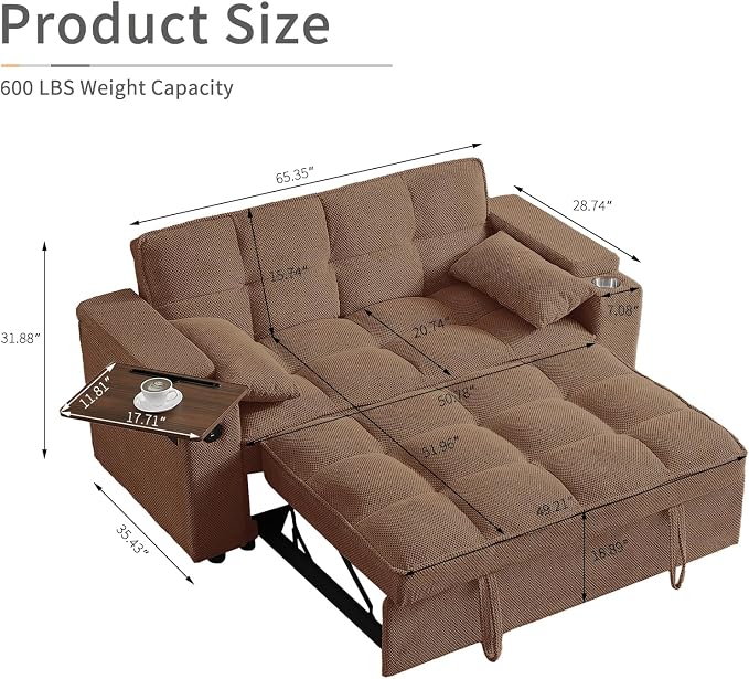 hansones 65'' 3-in-1 Folding Convertible Sofa Bed, Queen Size Pullout Sofa - Image 2