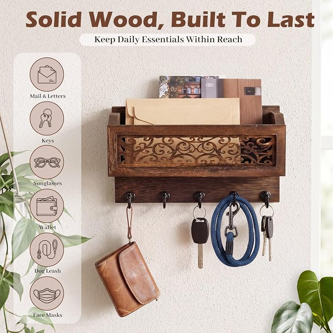Novabright Mail and Key Holder for Wall Decorative Wall-Mounted Carved Wooden - Image 3