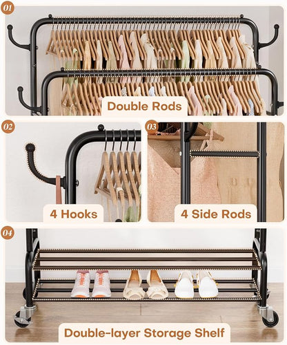 Homde Heavy Duty Clothes Rack: 265lb Rolling Double Rod Garment Hanging - Image 5