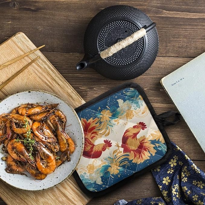 Gold Red Chicken Rooster Flower Pocket Pot Holders Heat Resistant Potholder - Image 3