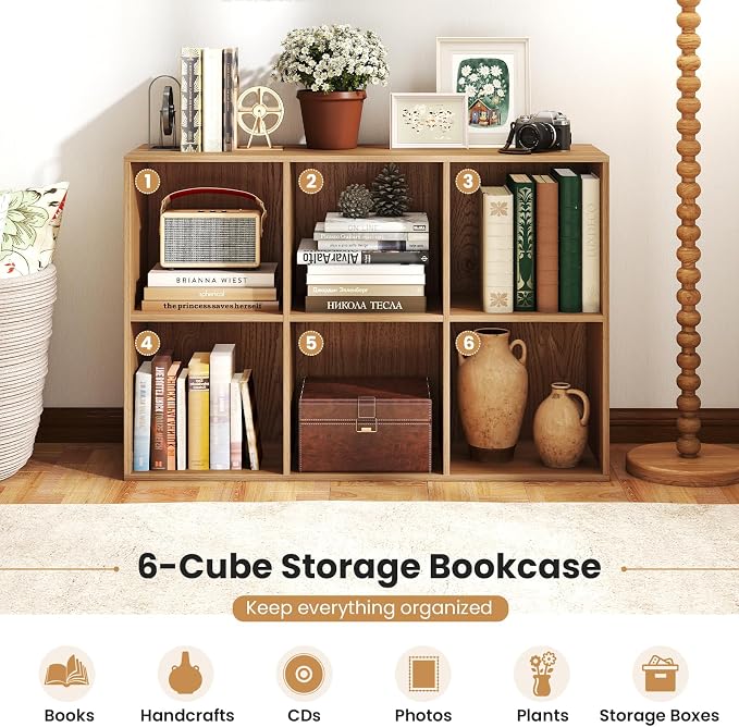 Giantex 6-Cube Bookcase, 3-Tier Cubby Bookshelf, Horizontal Vertical Display - Image 4