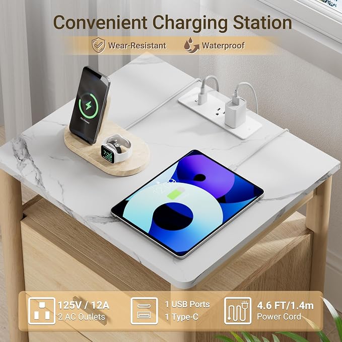 Night Stand Set of 2 with Charging Station, 2 Drawers End Table with Solid - Image 4