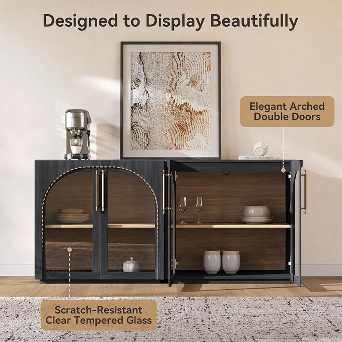 Sideboard Cabinet with Glass Doors, Adjustable Shelves, Mid-Century Modern - Image 5